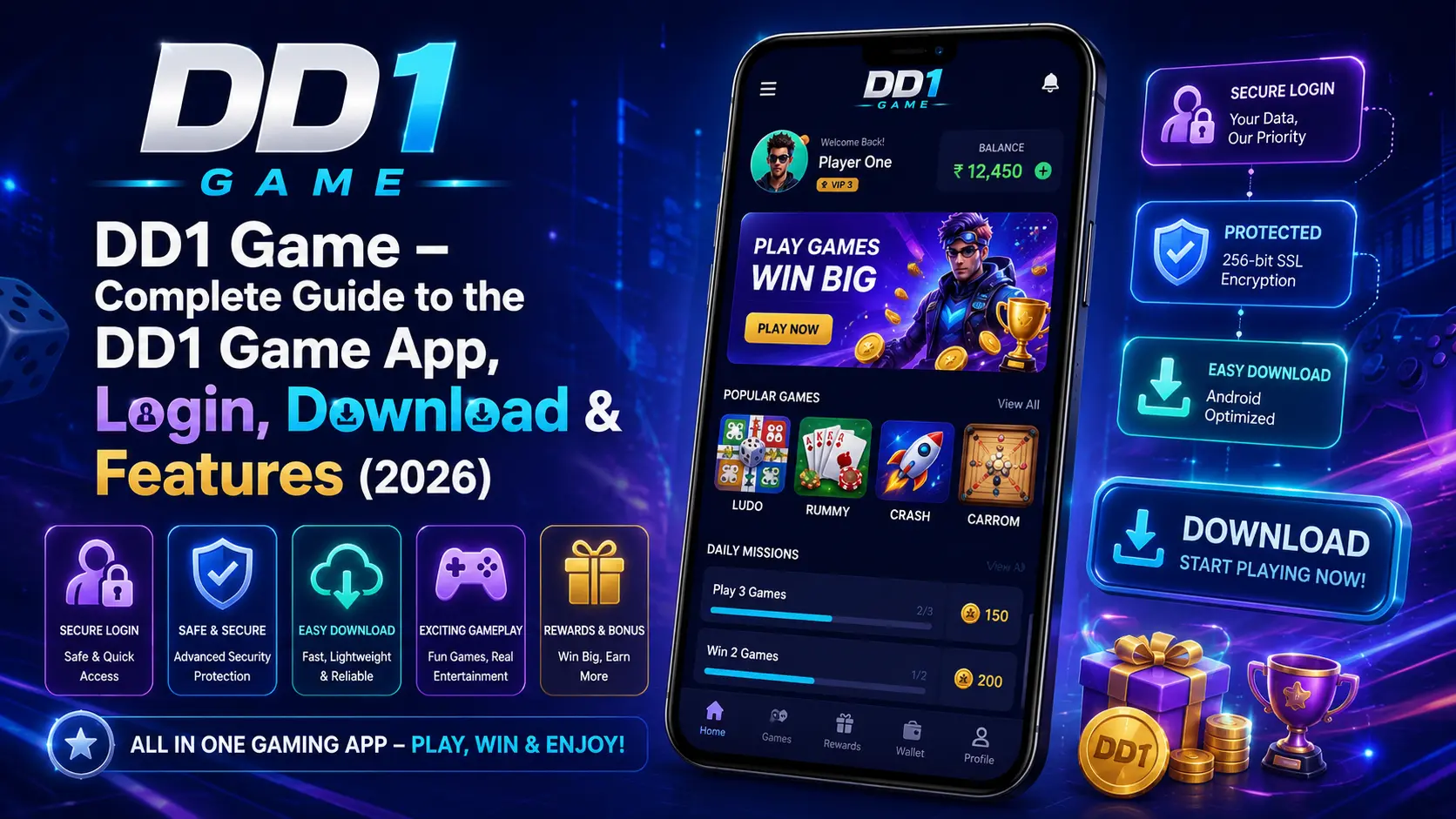 DD1 Game complete guide 2026 showing app interface ₹41 free bonus login button download option and key features on smartphone