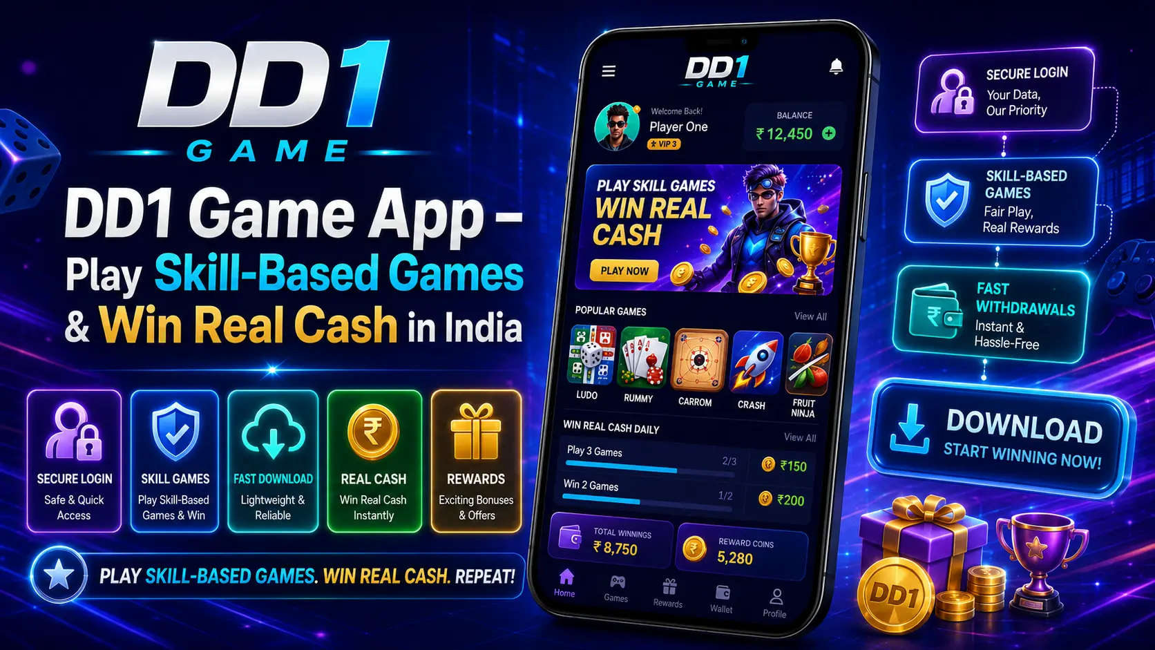 Step by step guide to download DD1 Game App showing Android APK button QR code scan and official website URL